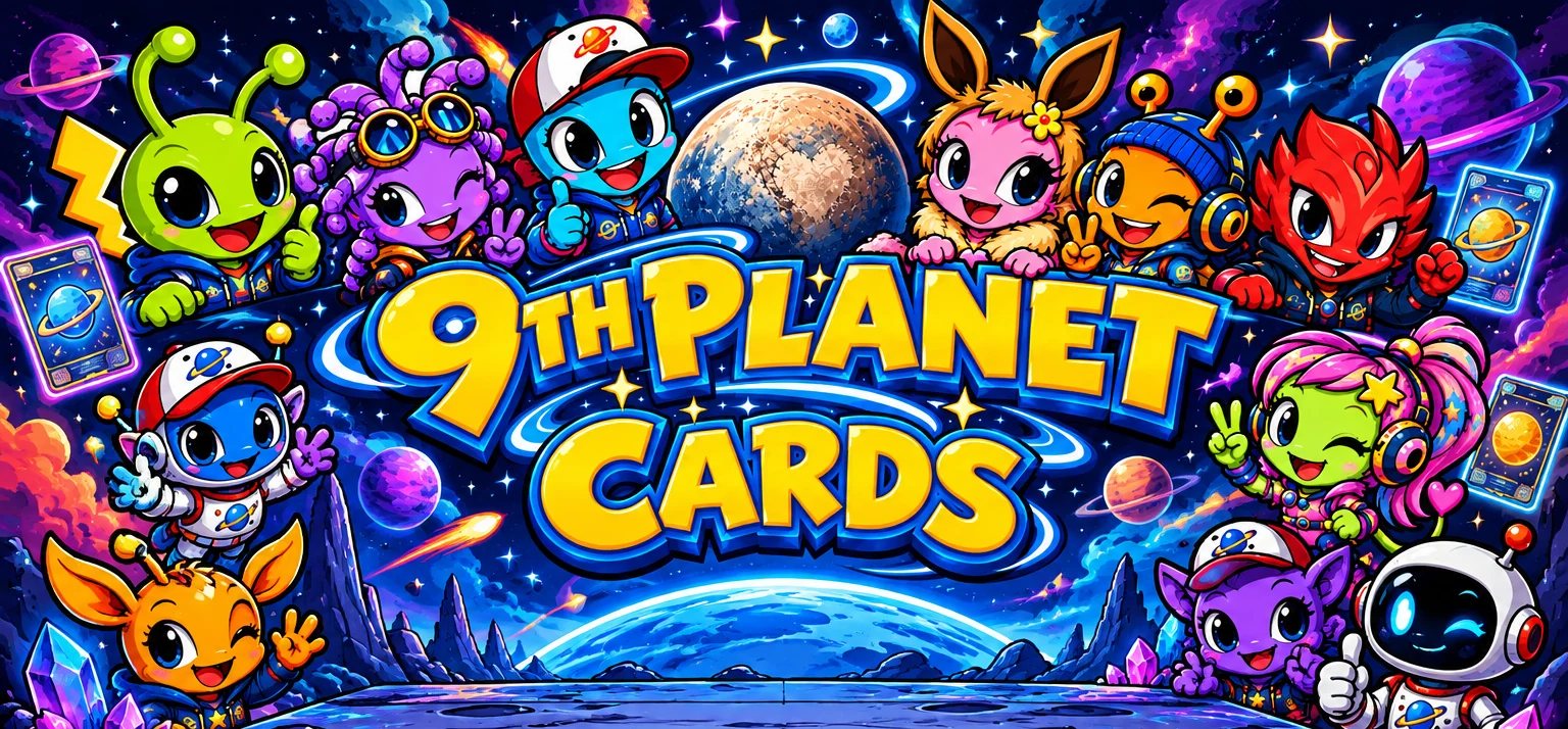 The cheerful 9th Planet Cards cartoon alien crew gathered around Pluto and the colourful 9th Planet Cards logo